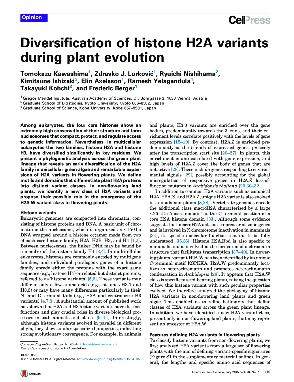 Diversification of histone H2A variants during plant evolution