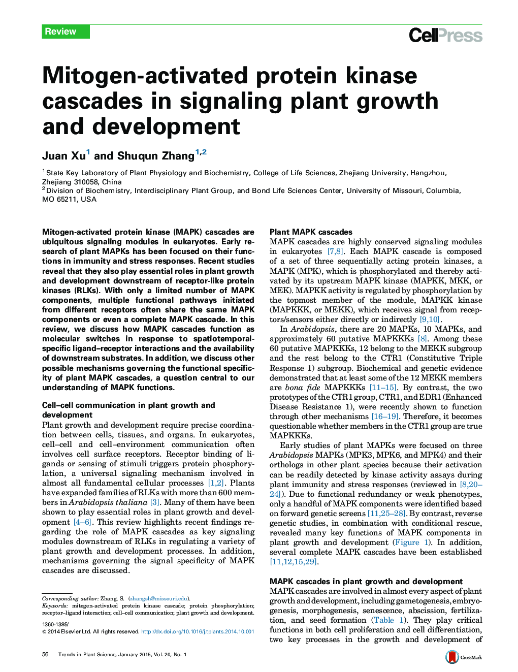 Mitogen-activated protein kinase cascades in signaling plant growth and development