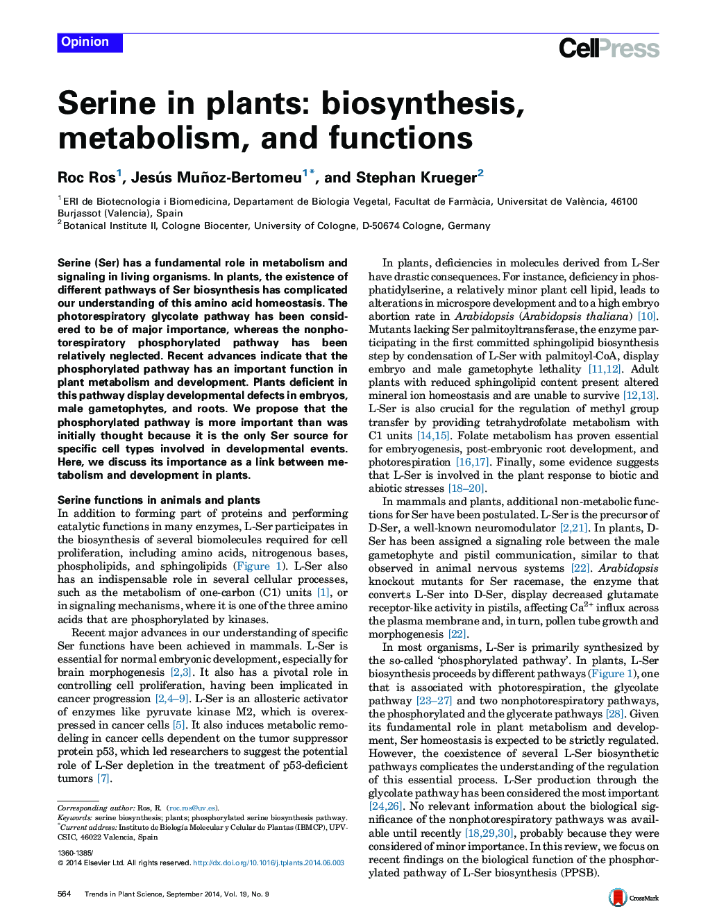 Serine in plants: biosynthesis, metabolism, and functions