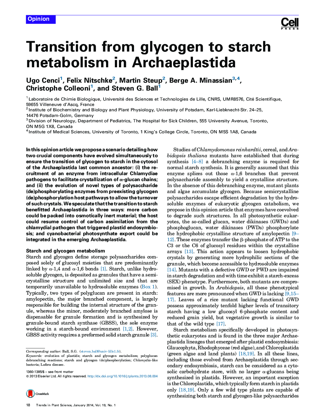 Transition from glycogen to starch metabolism in Archaeplastida