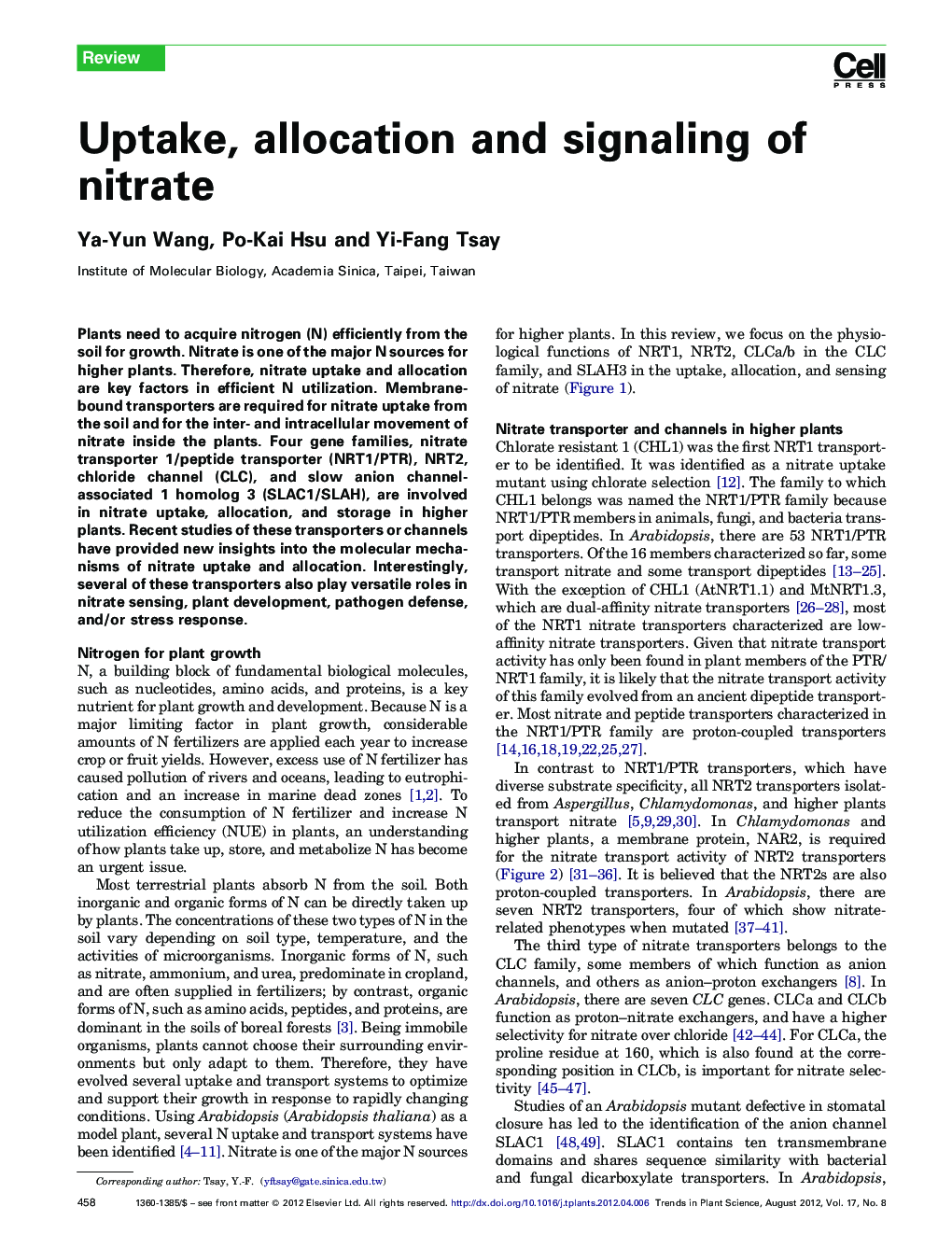 Uptake, allocation and signaling of nitrate