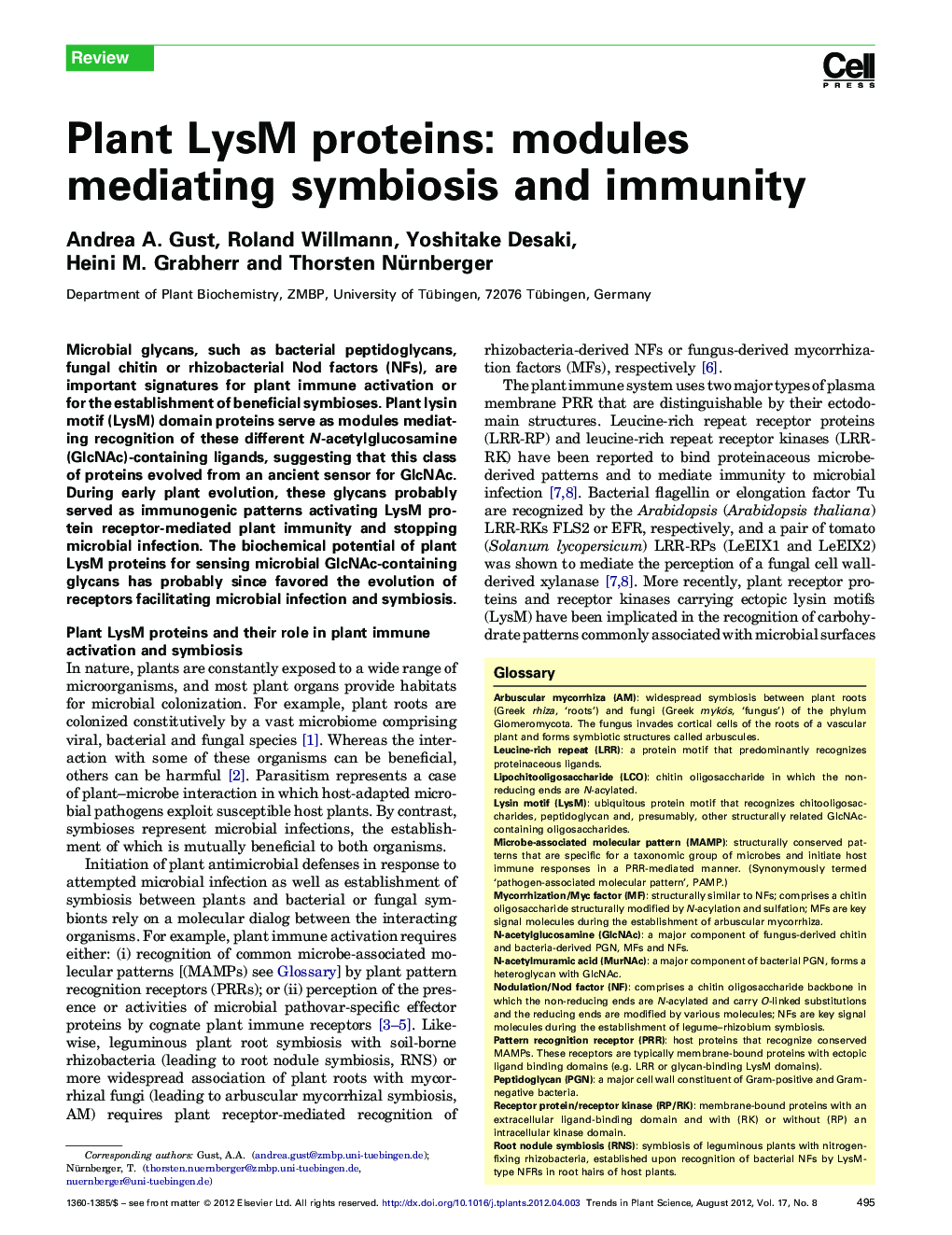Plant LysM proteins: modules mediating symbiosis and immunity
