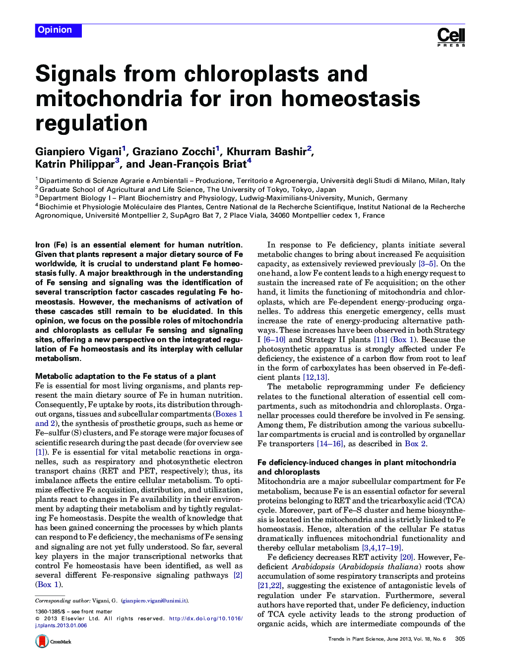 Signals from chloroplasts and mitochondria for iron homeostasis regulation