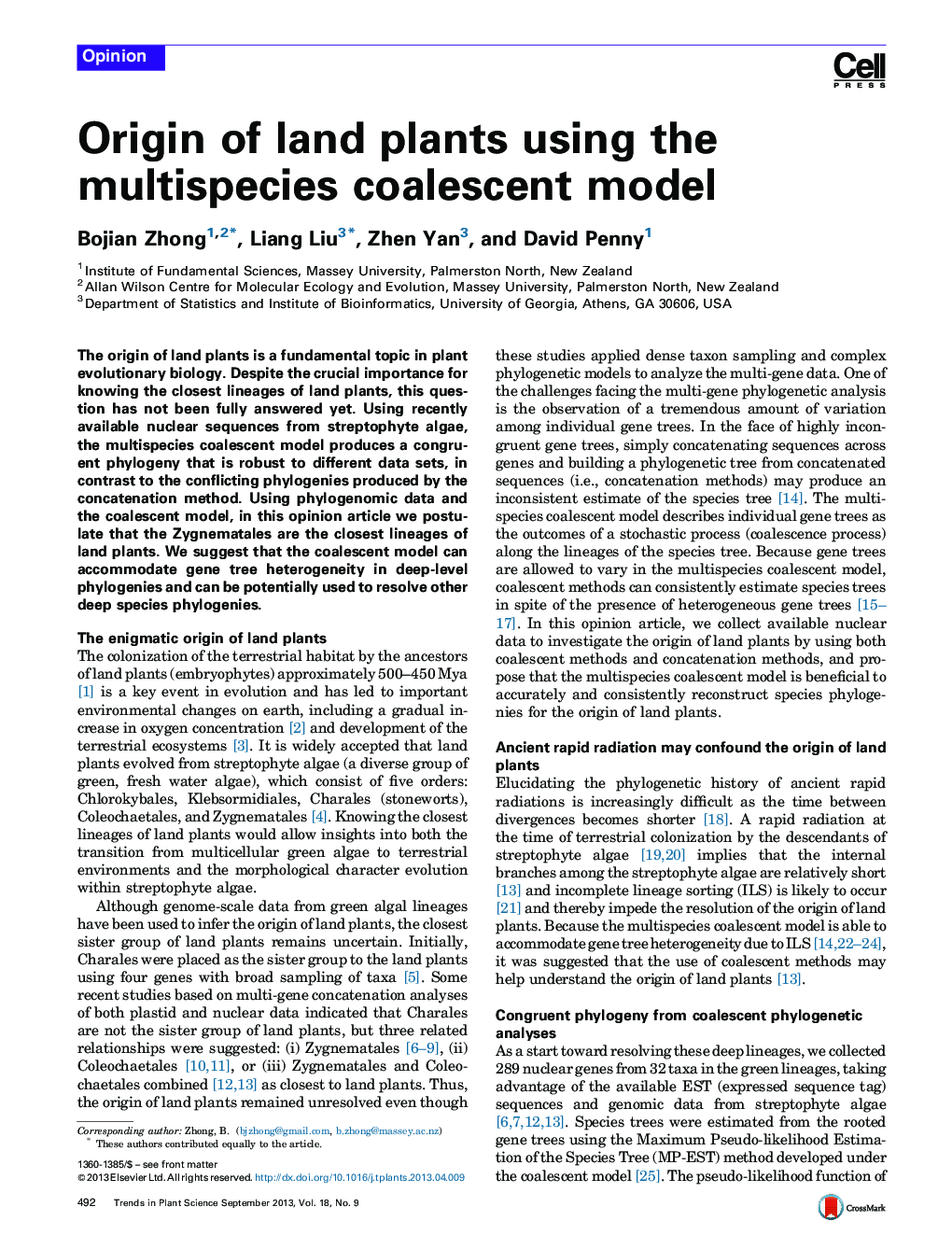 Origin of land plants using the multispecies coalescent model
