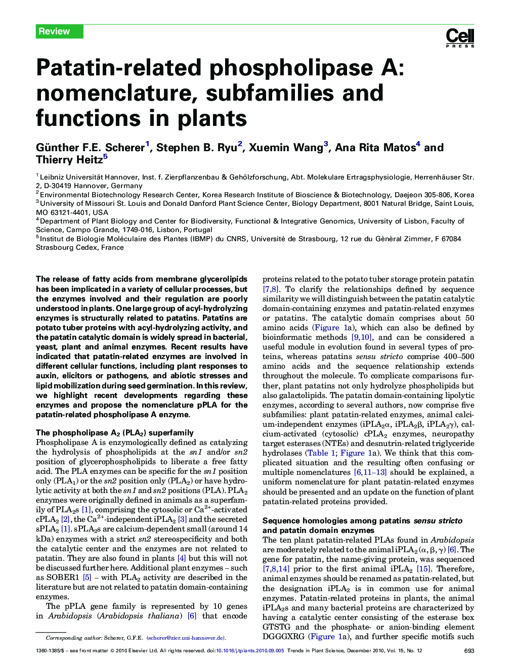 Patatin-related phospholipase A: nomenclature, subfamilies and functions in plants