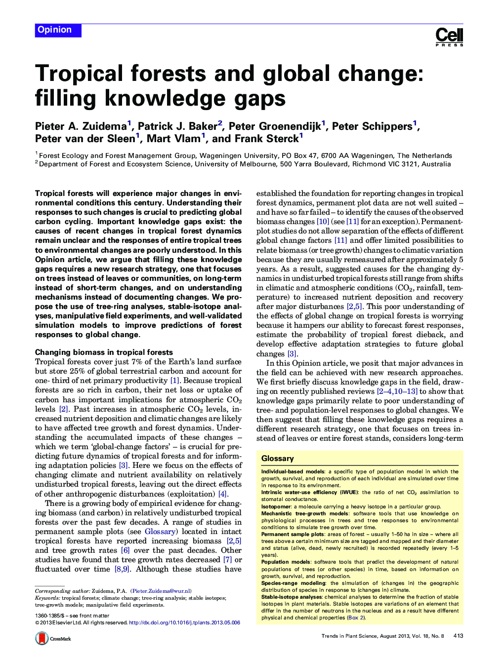 Tropical forests and global change: filling knowledge gaps