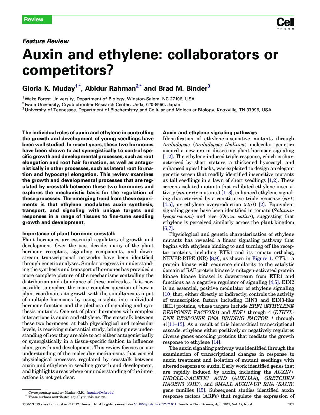 عکس صفحه اول مقاله: Auxin and ethylene: collaborators or competitors? Auxin and ethylene: collaborators or competitors?