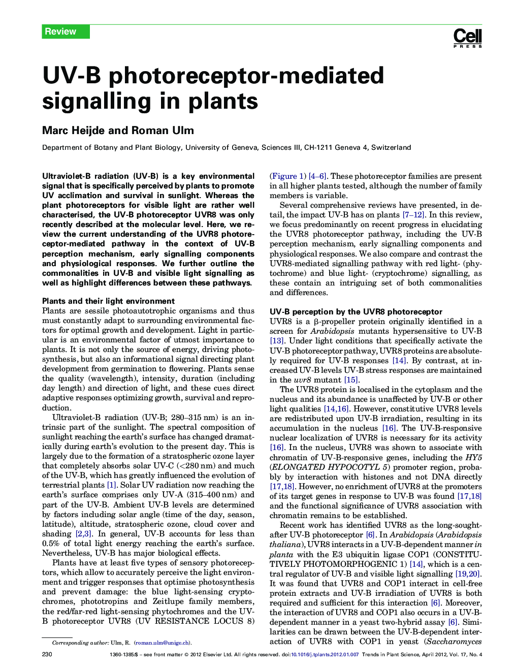 UV-B photoreceptor-mediated signalling in plants