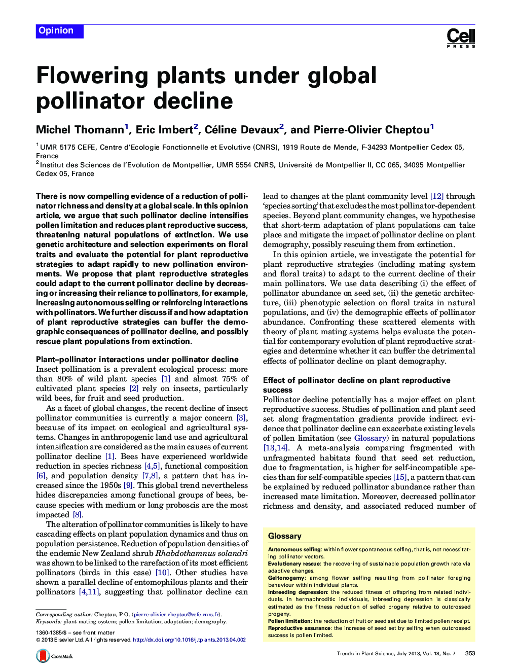 Flowering plants under global pollinator decline