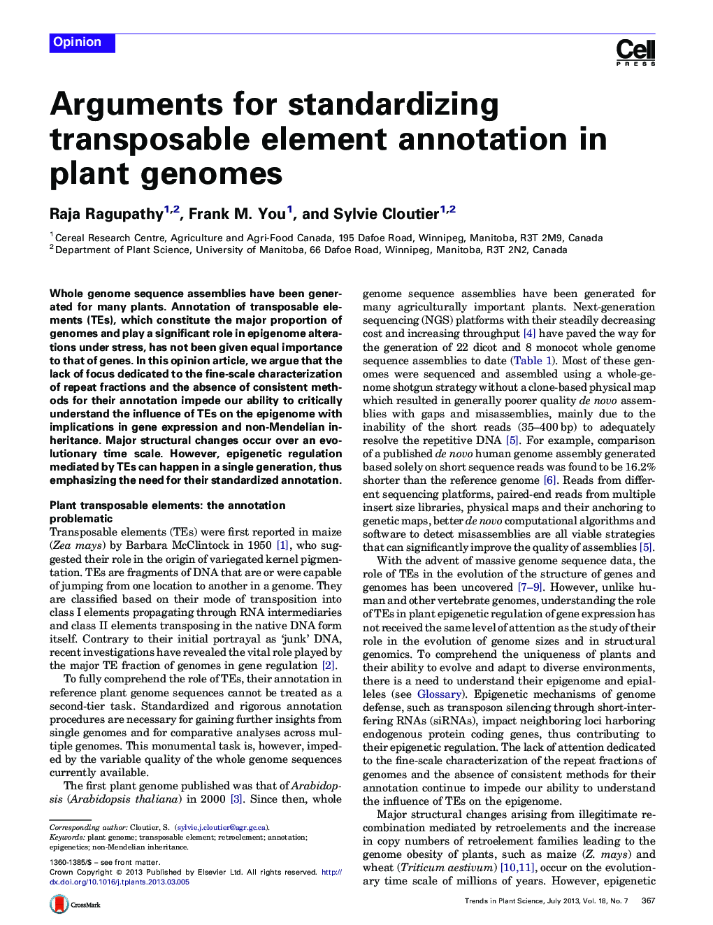 Arguments for standardizing transposable element annotation in plant genomes