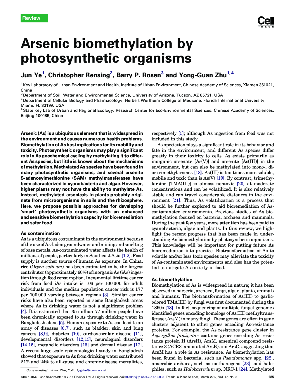 عکس صفحه اول مقاله: Arsenic biomethylation by photosynthetic organisms Arsenic biomethylation by photosynthetic organisms