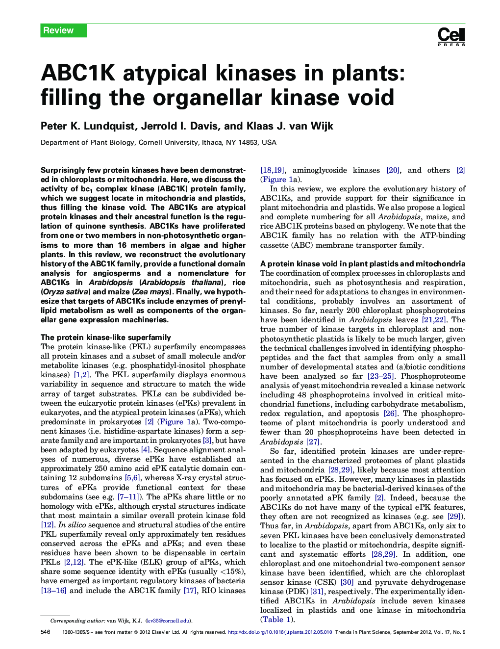 ABC1K atypical kinases in plants: filling the organellar kinase void