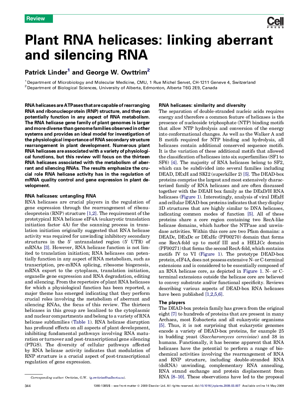 عکس صفحه اول مقاله: Plant RNA helicases: linking aberrant and silencing RNA Plant RNA helicases: linking aberrant and silencing RNA