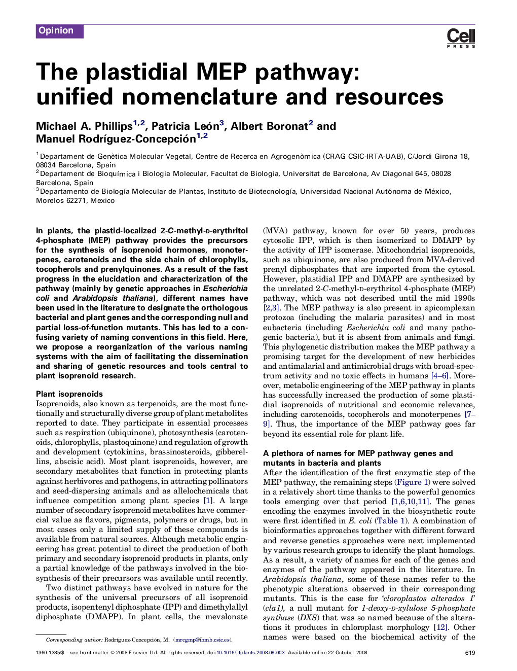 The plastidial MEP pathway: unified nomenclature and resources