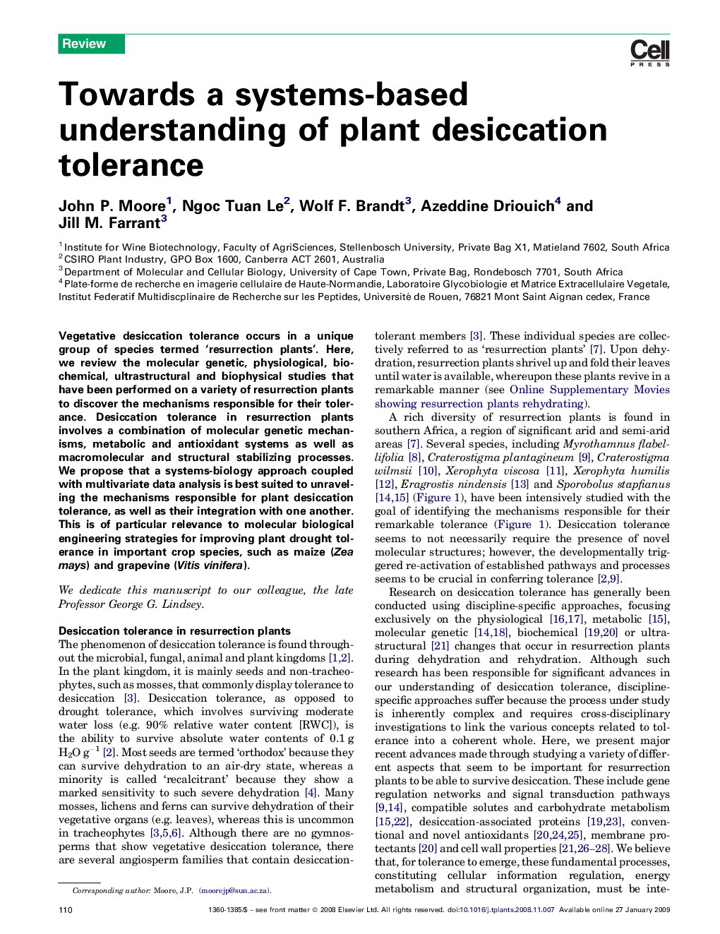 Towards a systems-based understanding of plant desiccation tolerance