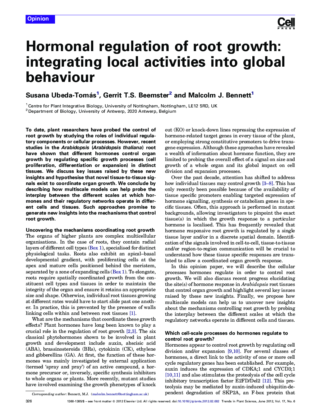 Hormonal regulation of root growth: integrating local activities into global behaviour
