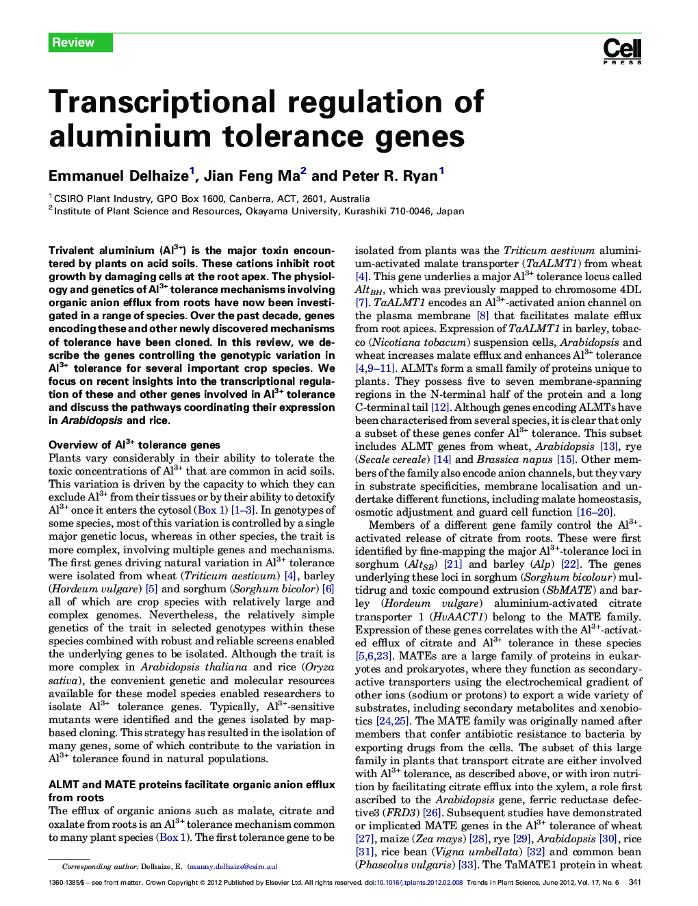 عکس صفحه اول مقاله: Transcriptional regulation of aluminium tolerance genes Transcriptional regulation of aluminium tolerance genes