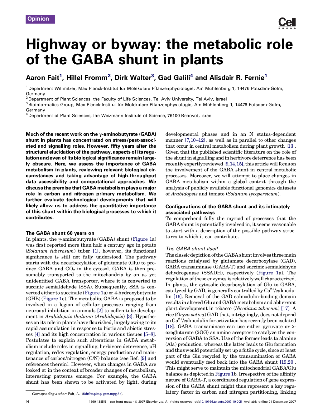 Highway or byway: the metabolic role of the GABA shunt in plants