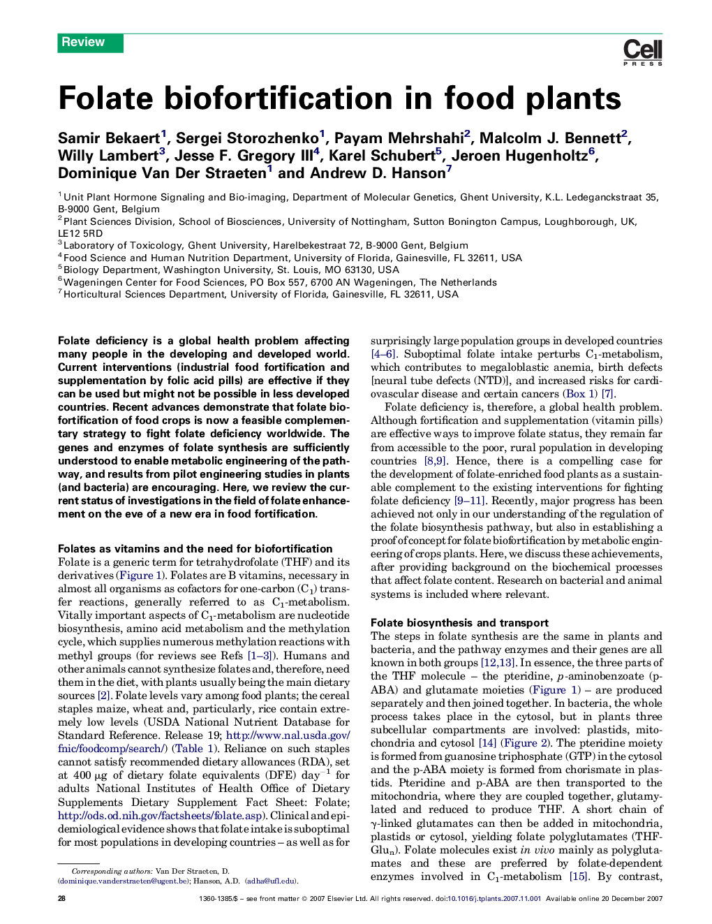 Folate biofortification in food plants