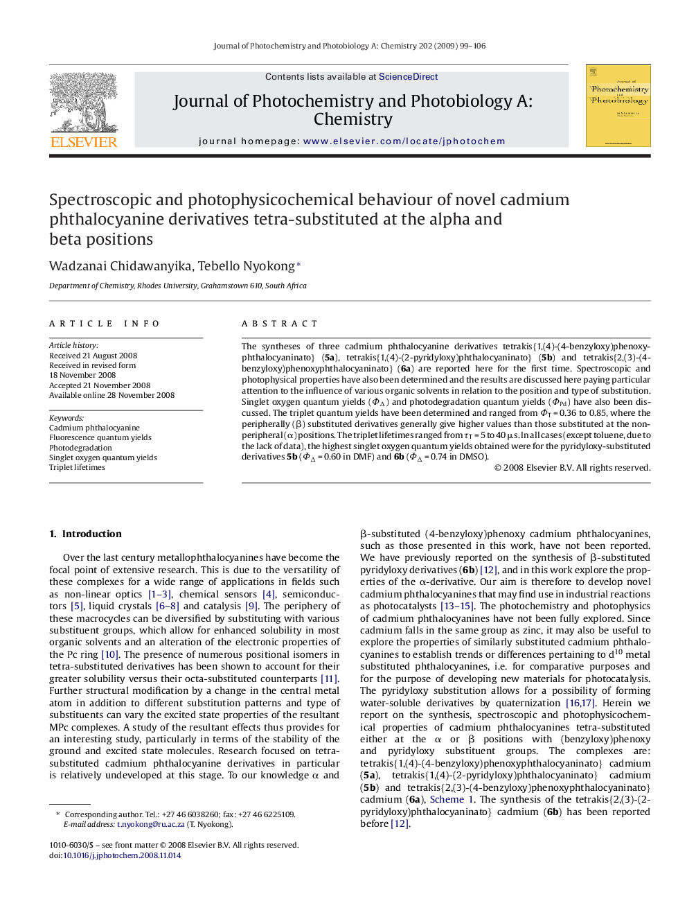 Spectroscopic and photophysicochemical behaviour of novel cadmium phthalocyanine derivatives tetra-substituted at the alpha and beta positions