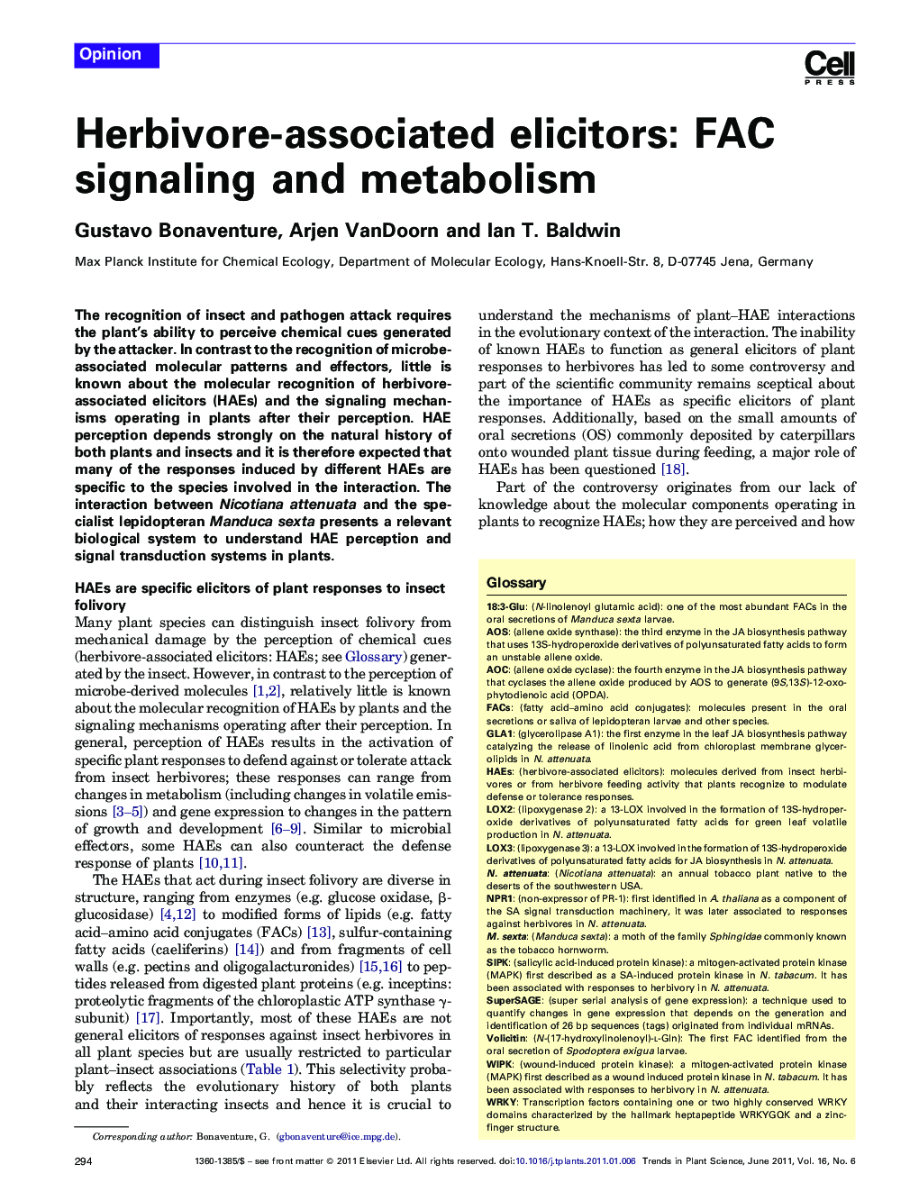عکس صفحه اول مقاله: Herbivore-associated elicitors: FAC signaling and metabolism Herbivore-associated elicitors: FAC signaling and metabolism