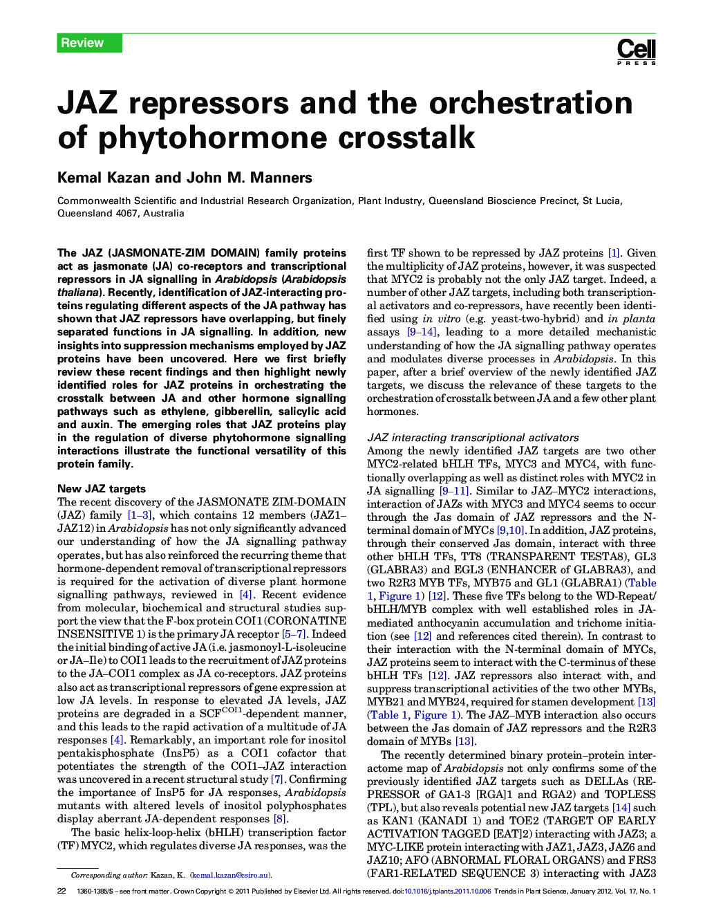 JAZ repressors and the orchestration of phytohormone crosstalk