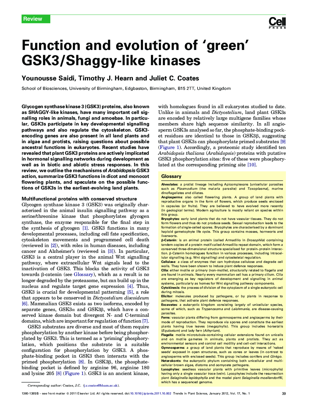 Function and evolution of ‘green’ GSK3/Shaggy-like kinases