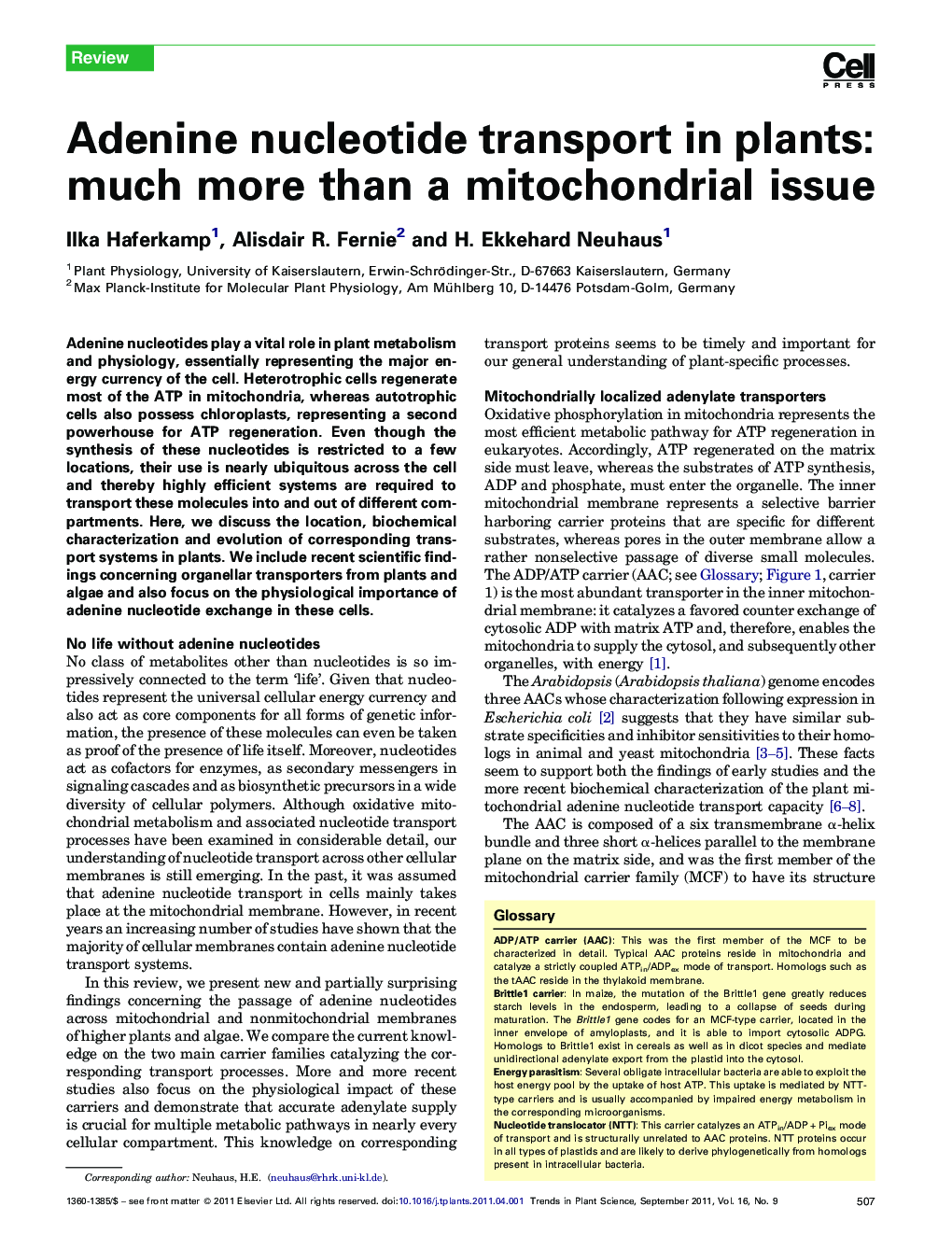 عکس صفحه اول مقاله: Adenine nucleotide transport in plants: much more than a mitochondrial issue Adenine nucleotide transport in plants: much more than a mitochondrial issue