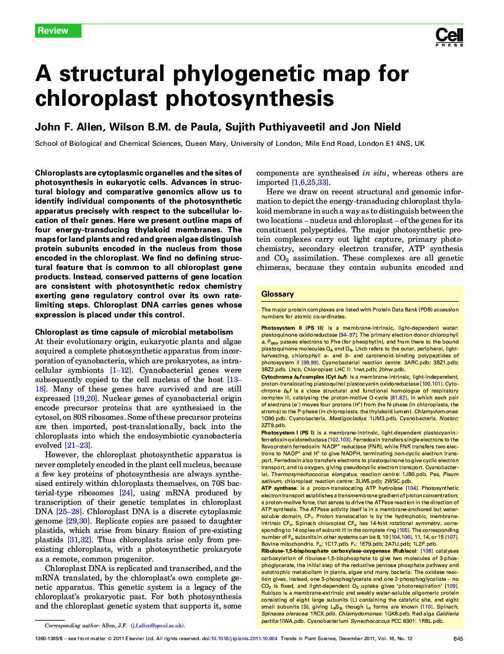 A structural phylogenetic map for chloroplast photosynthesis
