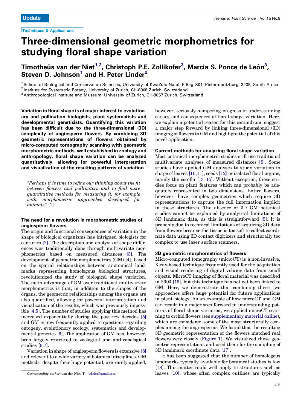 عکس صفحه اول مقاله: Three-dimensional geometric morphometrics for studying floral shape variation Three-dimensional geometric morphometrics for studying floral shape variation
