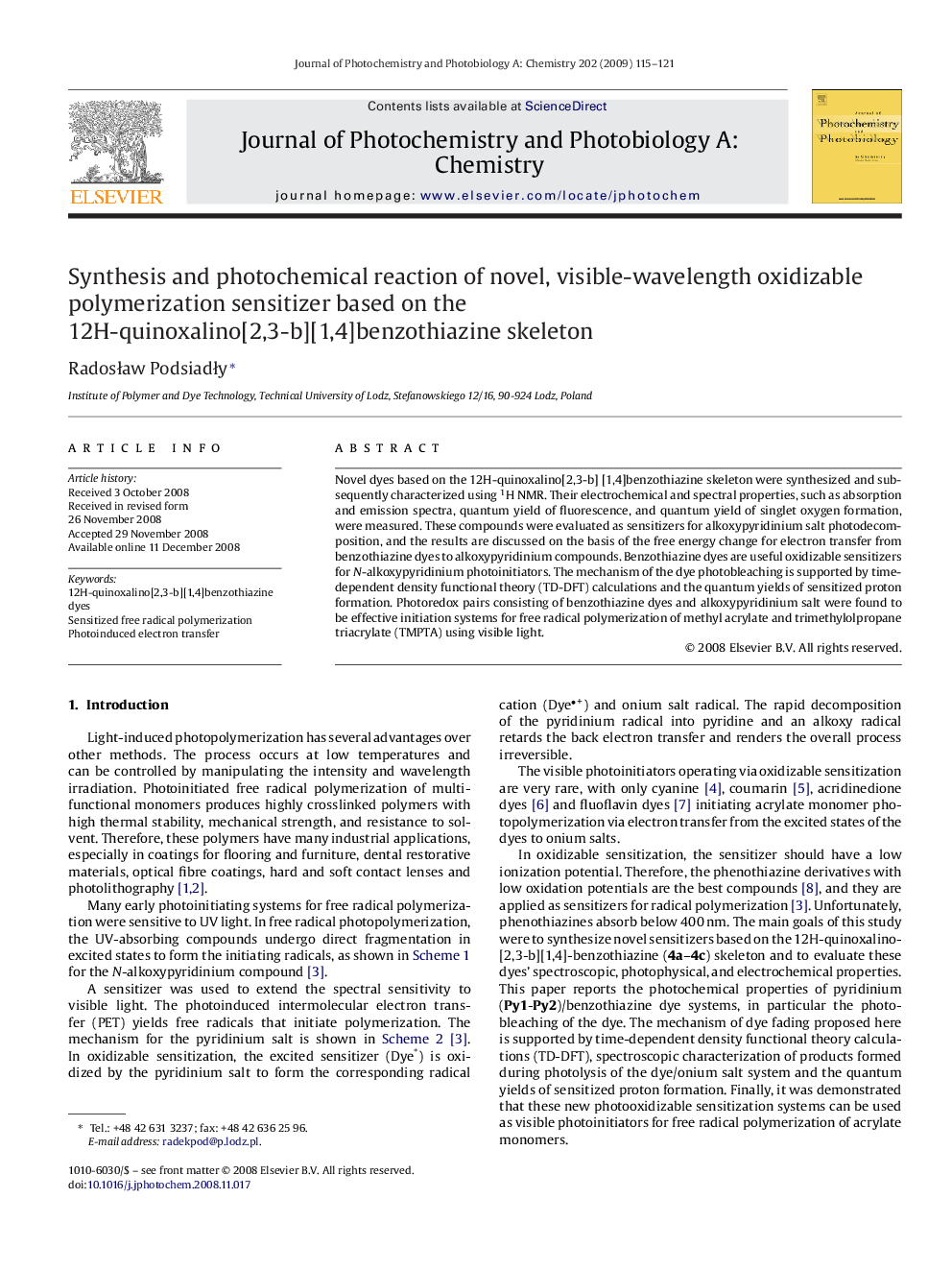 Synthesis and photochemical reaction of novel, visible-wavelength oxidizable polymerization sensitizer based on the 12H-quinoxalino[2,3-b][1,4]benzothiazine skeleton