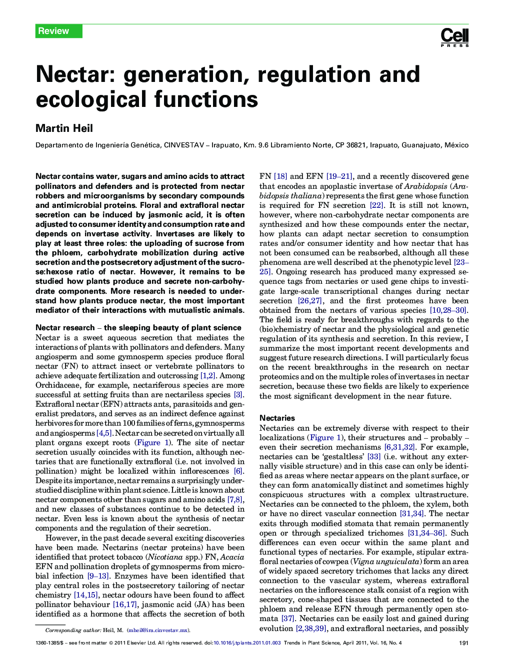 Nectar: generation, regulation and ecological functions