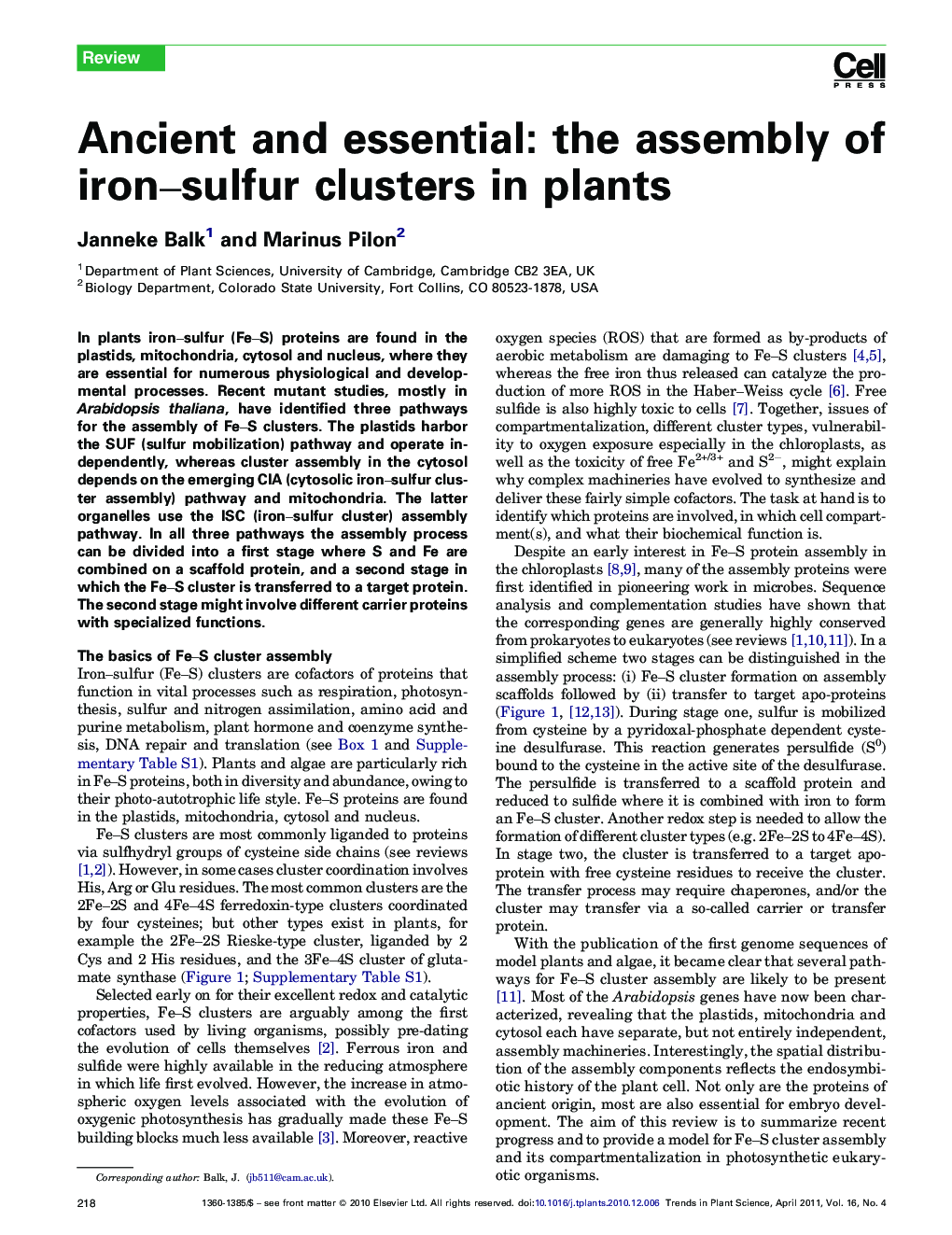 Ancient and essential: the assembly of iron–sulfur clusters in plants