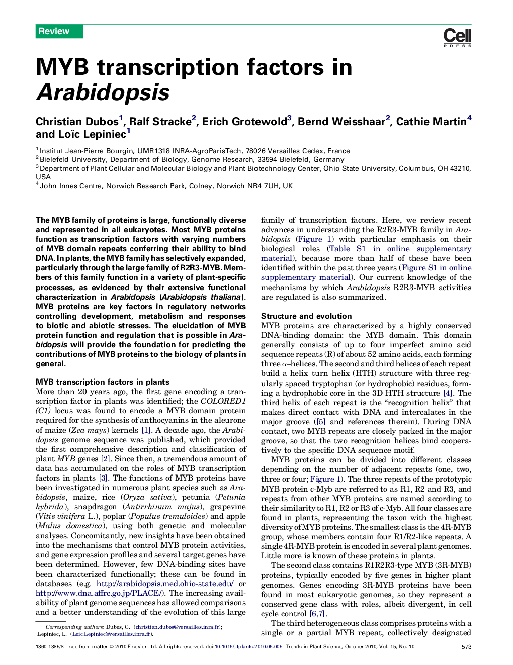 عکس صفحه اول مقاله: MYB transcription factors in Arabidopsis MYB transcription factors in Arabidopsis