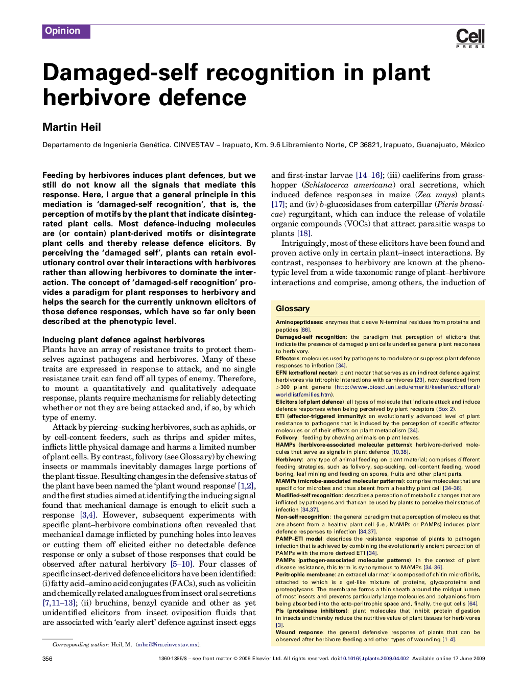 Damaged-self recognition in plant herbivore defence