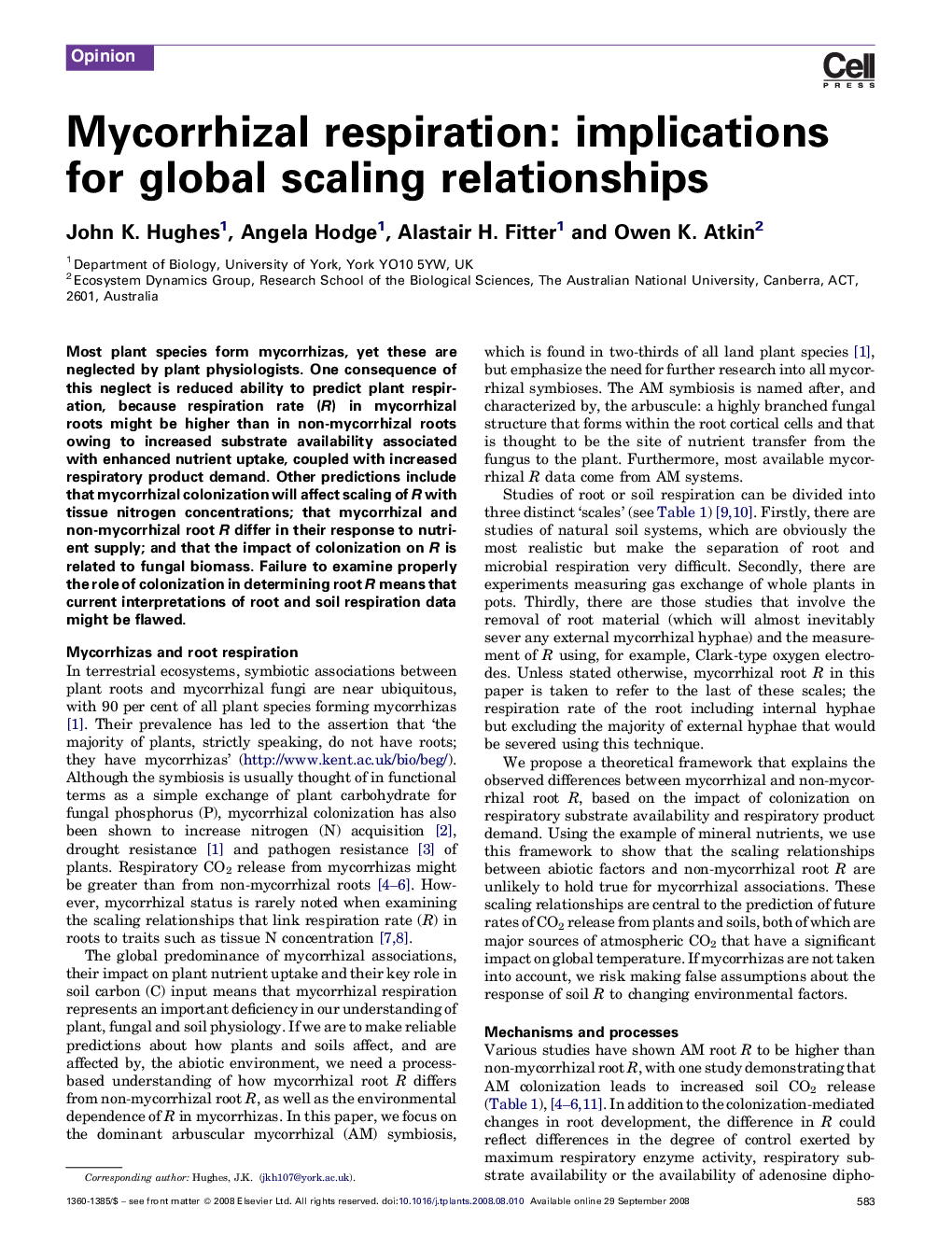 عکس صفحه اول مقاله: Mycorrhizal respiration: implications for global scaling relationships Mycorrhizal respiration: implications for global scaling relationships