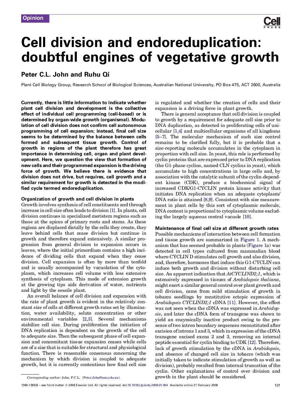 عکس صفحه اول مقاله: Cell division and endoreduplication: doubtful engines of vegetative growth Cell division and endoreduplication: doubtful engines of vegetative growth