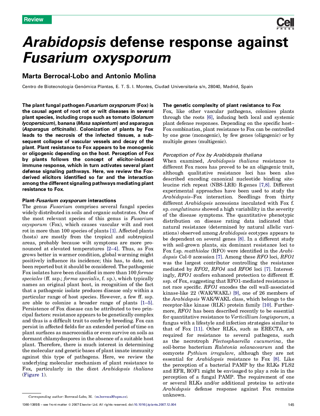 عکس صفحه اول مقاله: Arabidopsis defense response against Fusarium oxysporum Arabidopsis defense response against Fusarium oxysporum