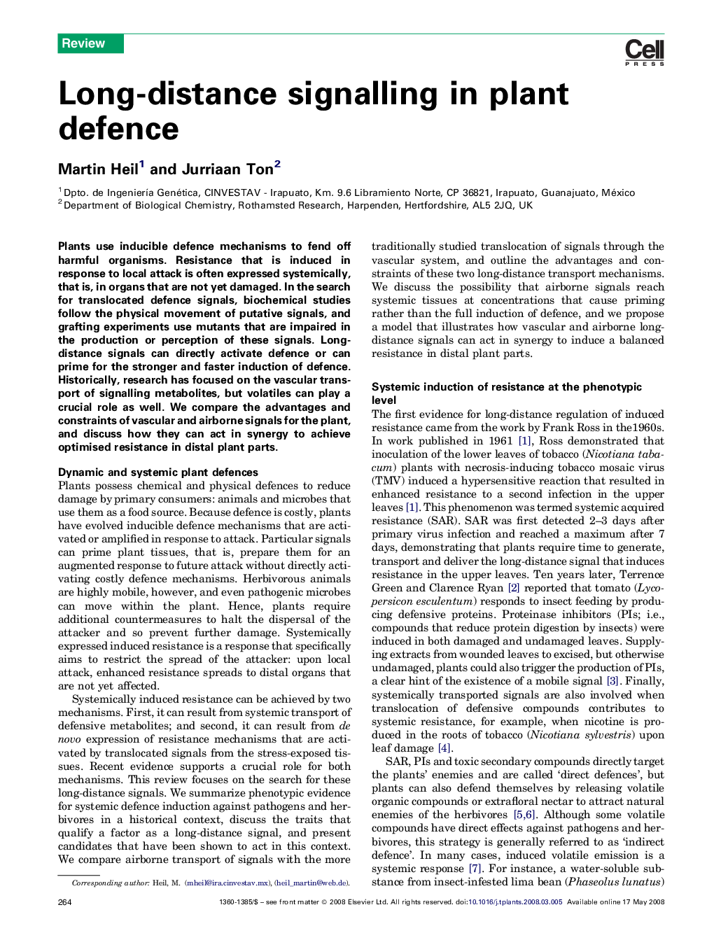 Long-distance signalling in plant defence