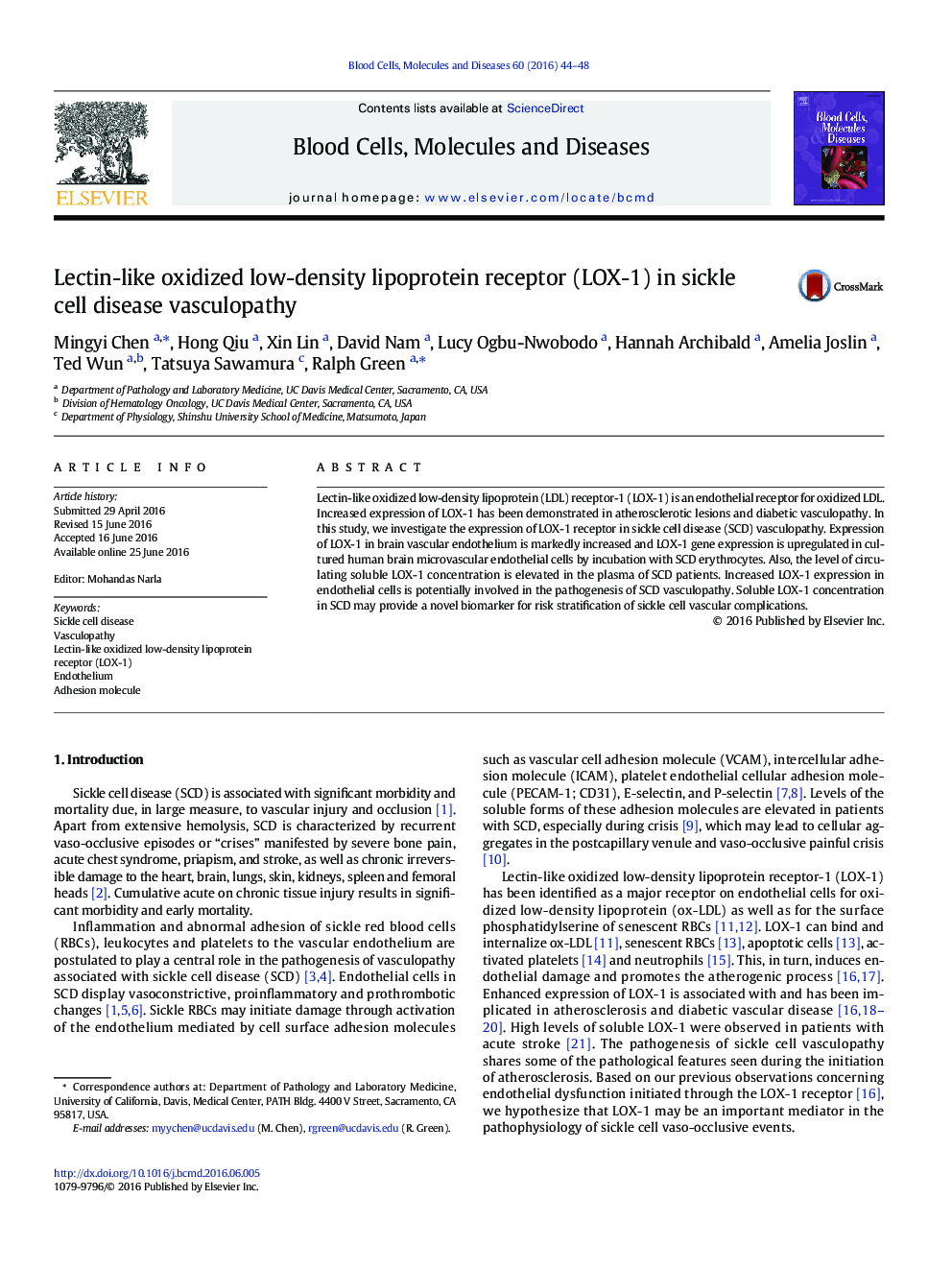 Lectin-like oxidized low-density lipoprotein receptor (LOX-1) in sickle cell disease vasculopathy