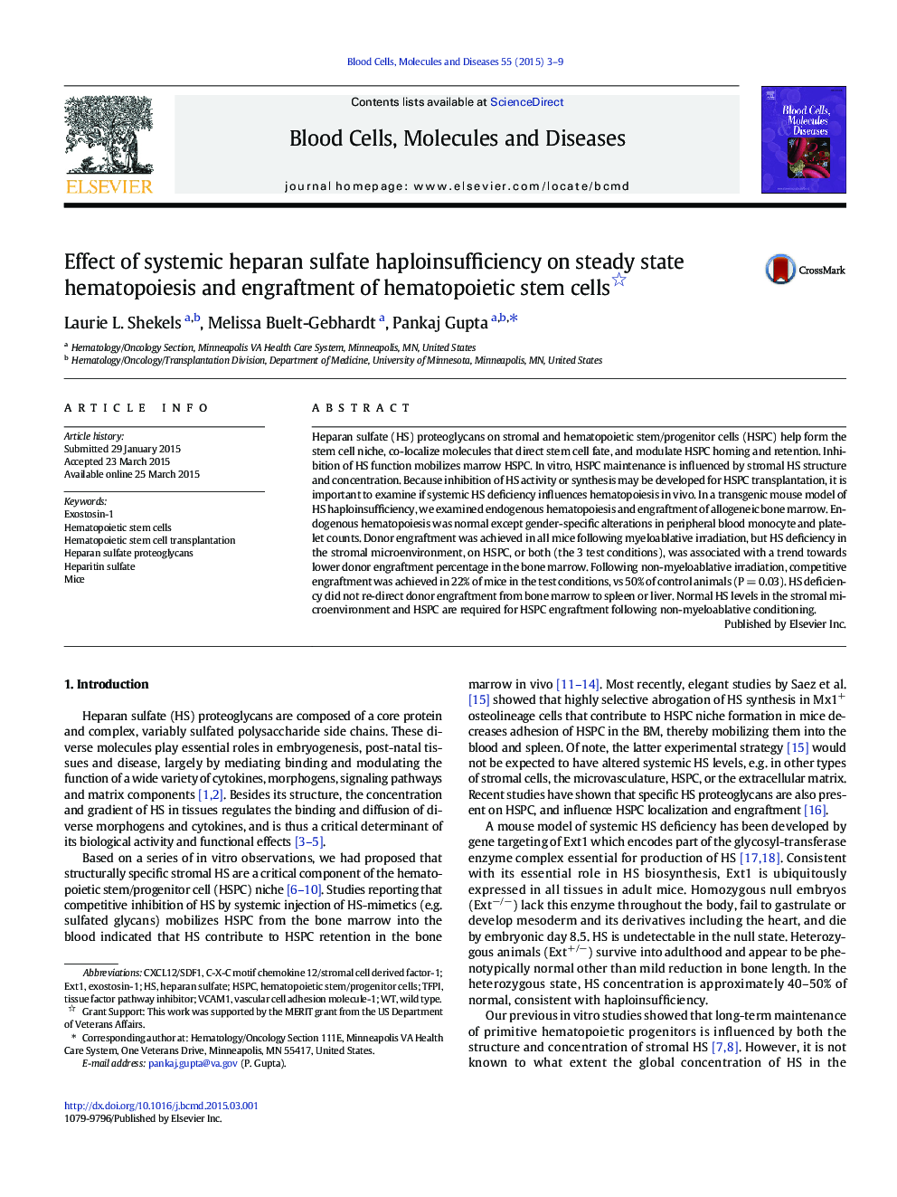 Effect of systemic heparan sulfate haploinsufficiency on steady state hematopoiesis and engraftment of hematopoietic stem cells 