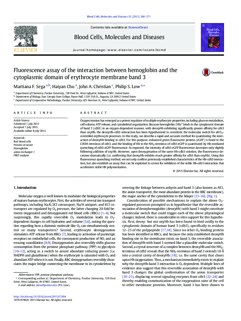 Fluorescence assay of the interaction between hemoglobin and the cytoplasmic domain of erythrocyte membrane band 3