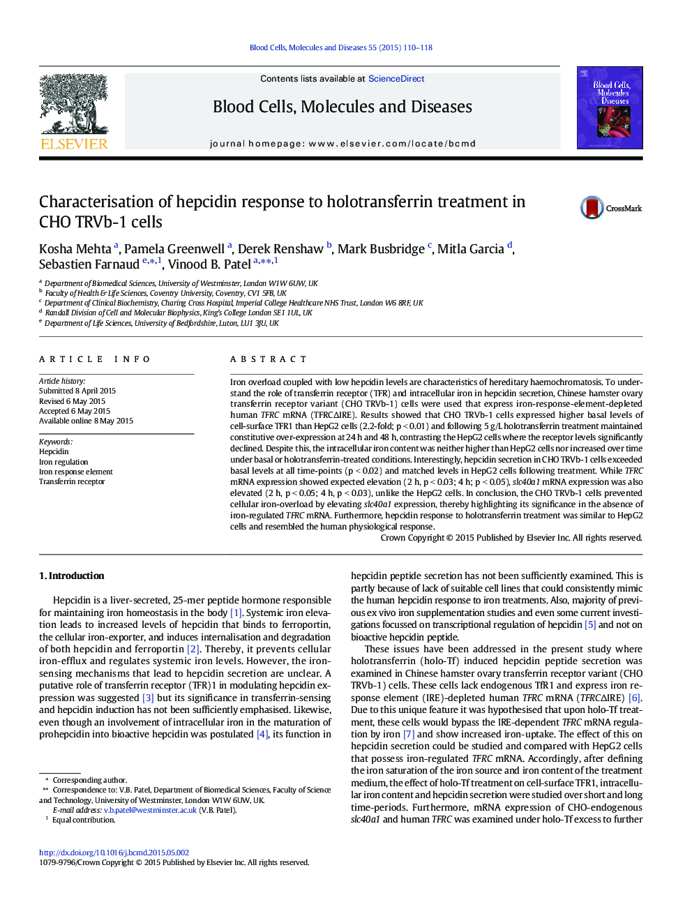 Characterisation of hepcidin response to holotransferrin treatment in CHO TRVb-1 cells