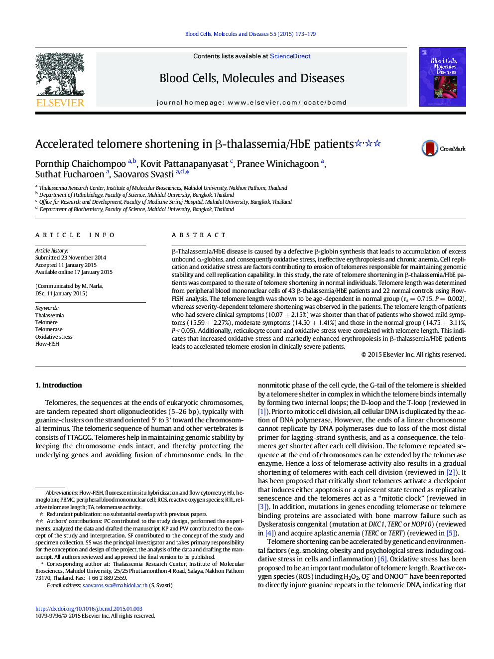 Accelerated telomere shortening in β-thalassemia/HbE patients 