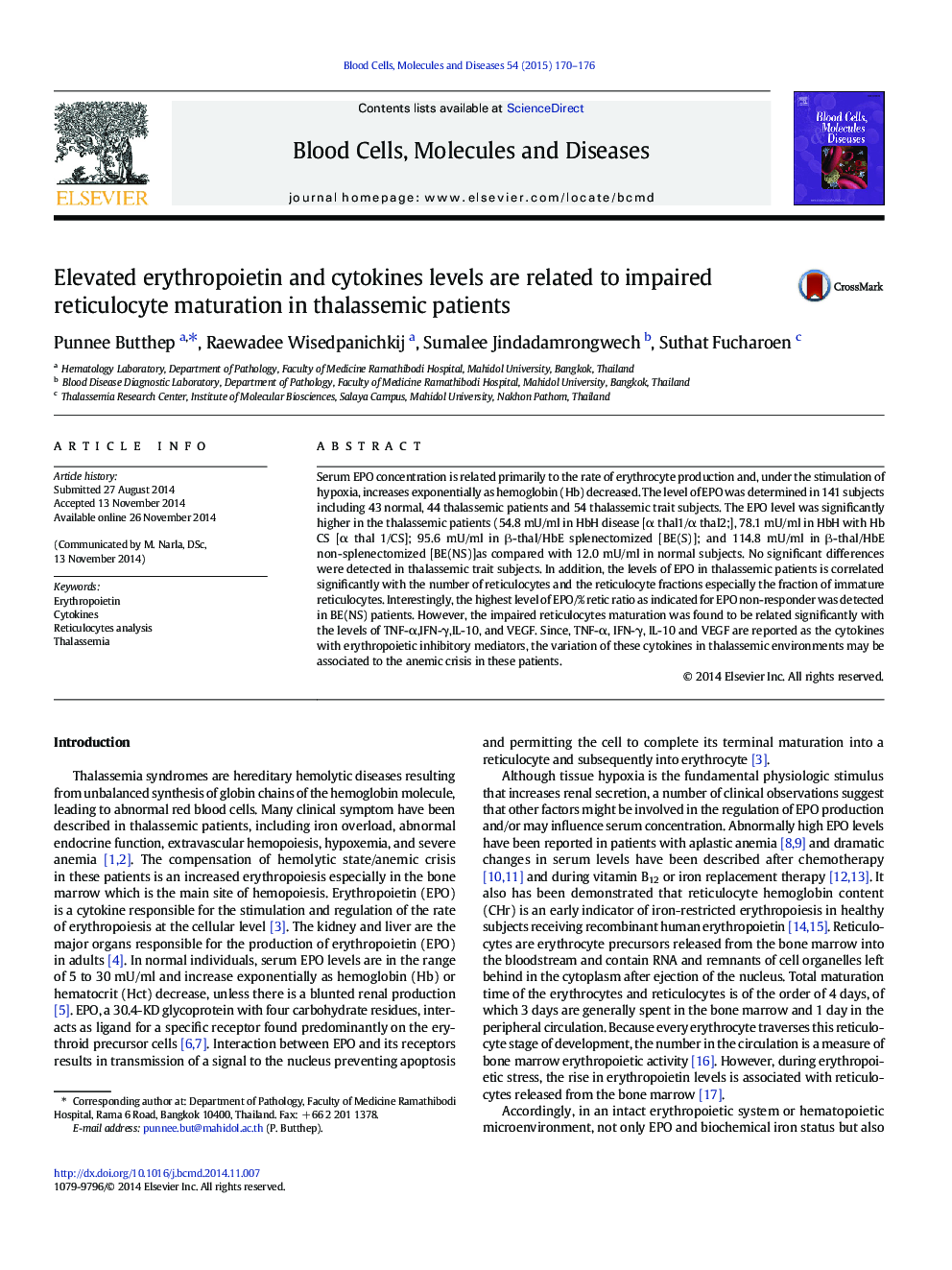 Elevated erythropoietin and cytokines levels are related to impaired reticulocyte maturation in thalassemic patients