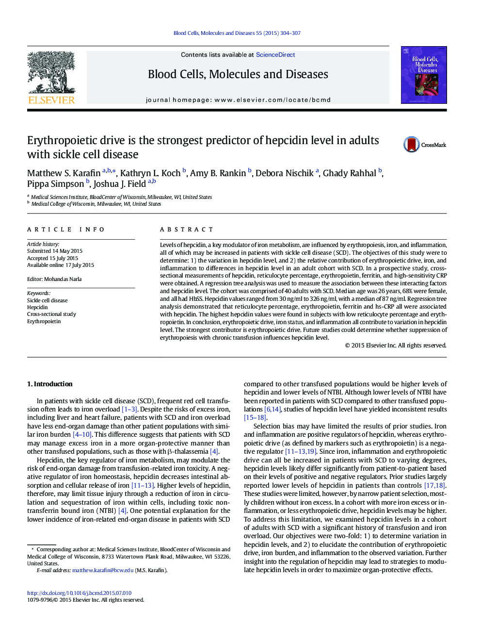 Erythropoietic drive is the strongest predictor of hepcidin level in adults with sickle cell disease