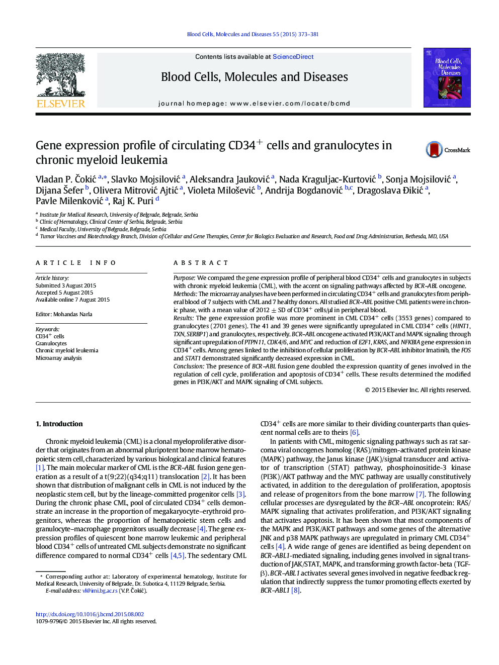 Gene expression profile of circulating CD34+ cells and granulocytes in chronic myeloid leukemia