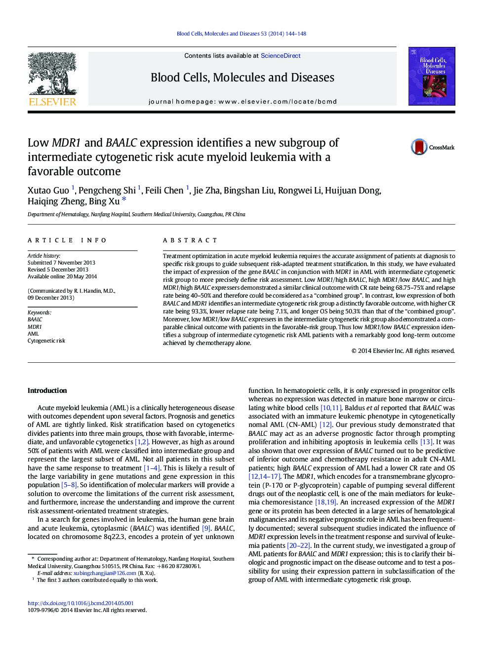 Low MDR1 and BAALC expression identifies a new subgroup of intermediate cytogenetic risk acute myeloid leukemia with a favorable outcome