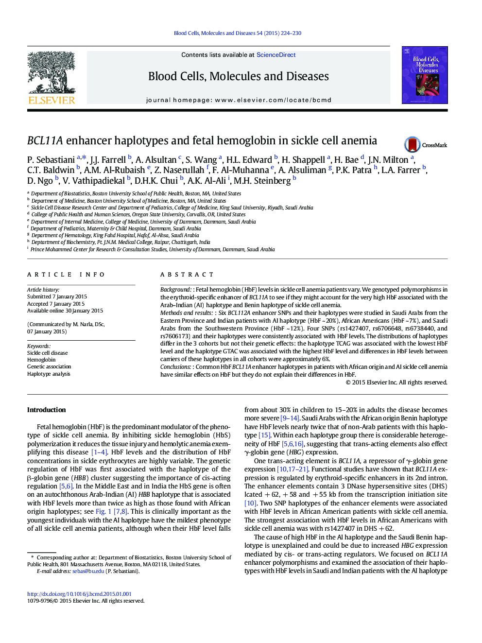 BCL11A enhancer haplotypes and fetal hemoglobin in sickle cell anemia