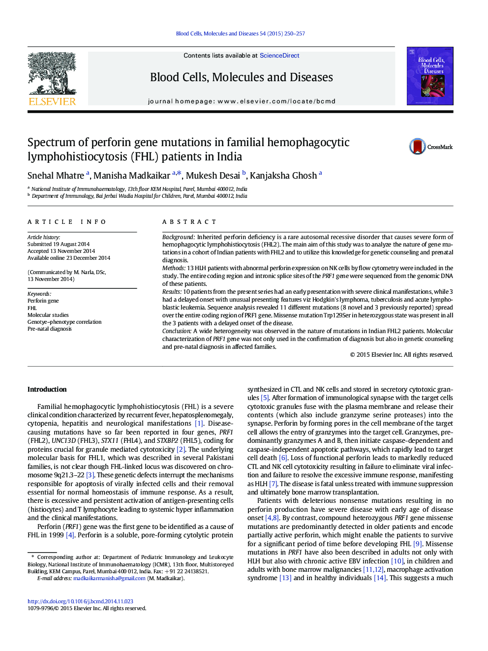 Spectrum of perforin gene mutations in familial hemophagocytic lymphohistiocytosis (FHL) patients in India